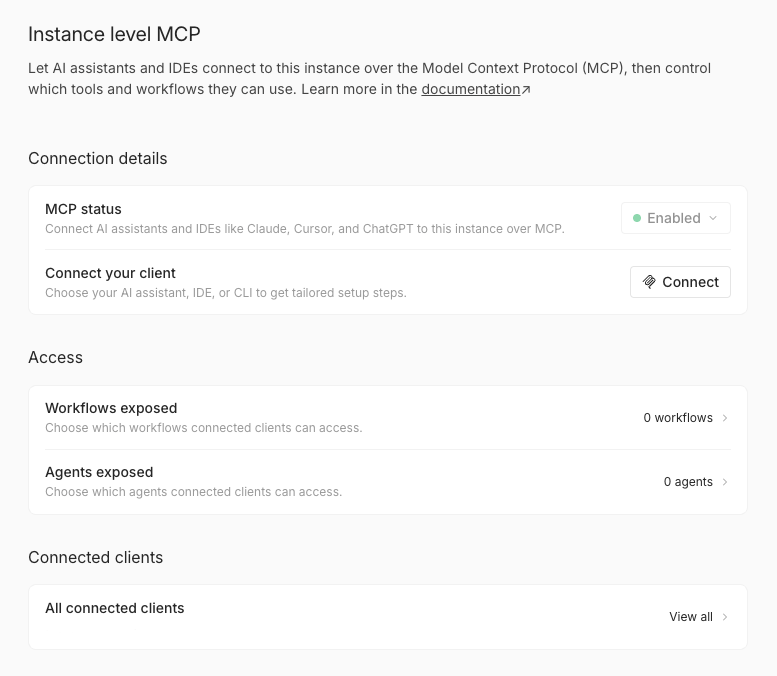 MCP 액세스를 활성화한 후의 Instance-level MCP 페이지로, Connection details, Access, Connected clients가 표시됨