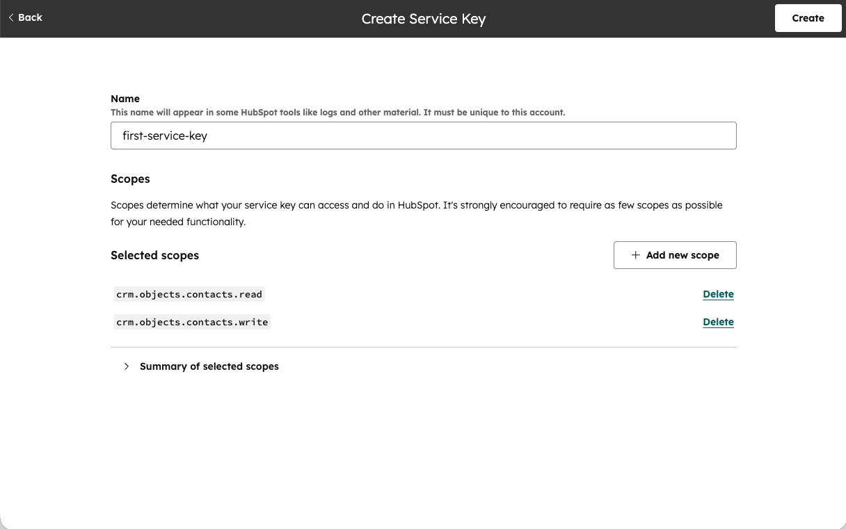 이름 및 스코프 필드가 있는 Create Service Key 양식