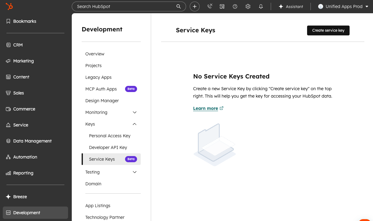 HubSpot Development 메뉴의 Service Keys 페이지