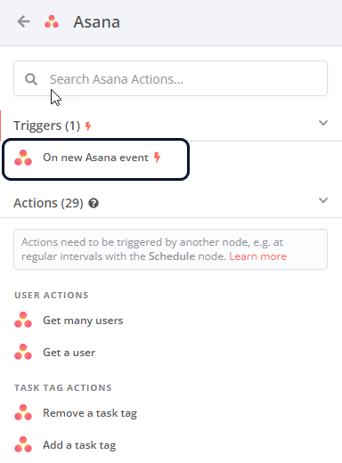Asana 노드 작업 목록의 스크린샷으로, 목록 상단의 권장 섹션이 표시됩니다