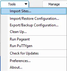 클릭 'Tools', 'Import Sites...' 선택