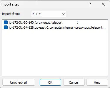 가져올 PuTTY 세션 선택 후 OK 클릭
