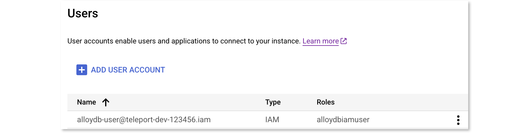 AlloyDB 사용자 계정 테이블