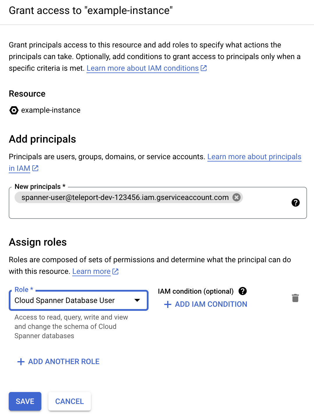 서비스 계정에 Cloud Spanner Database User 부여