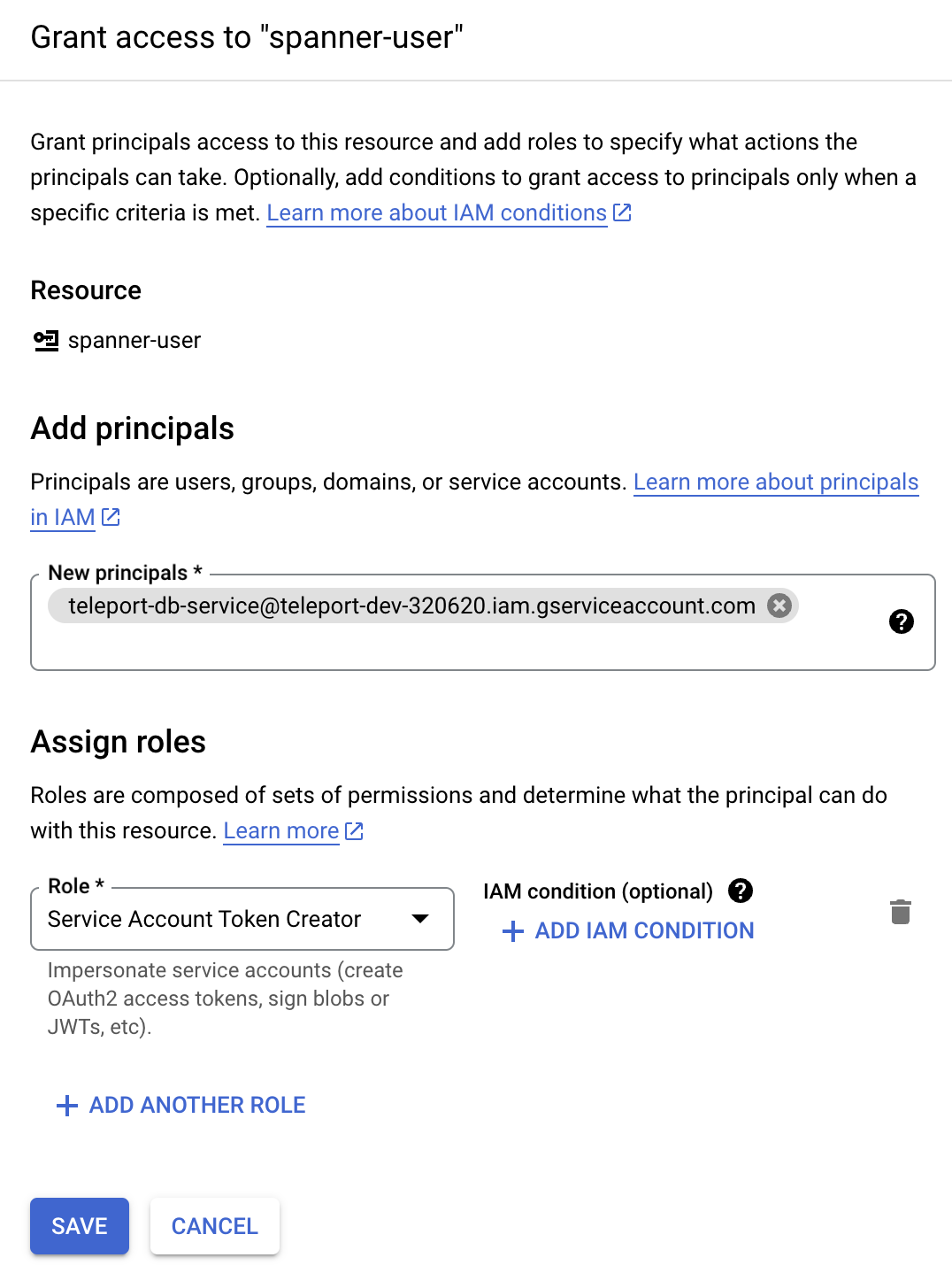 Database Service에 Service Account Token Creator 부여