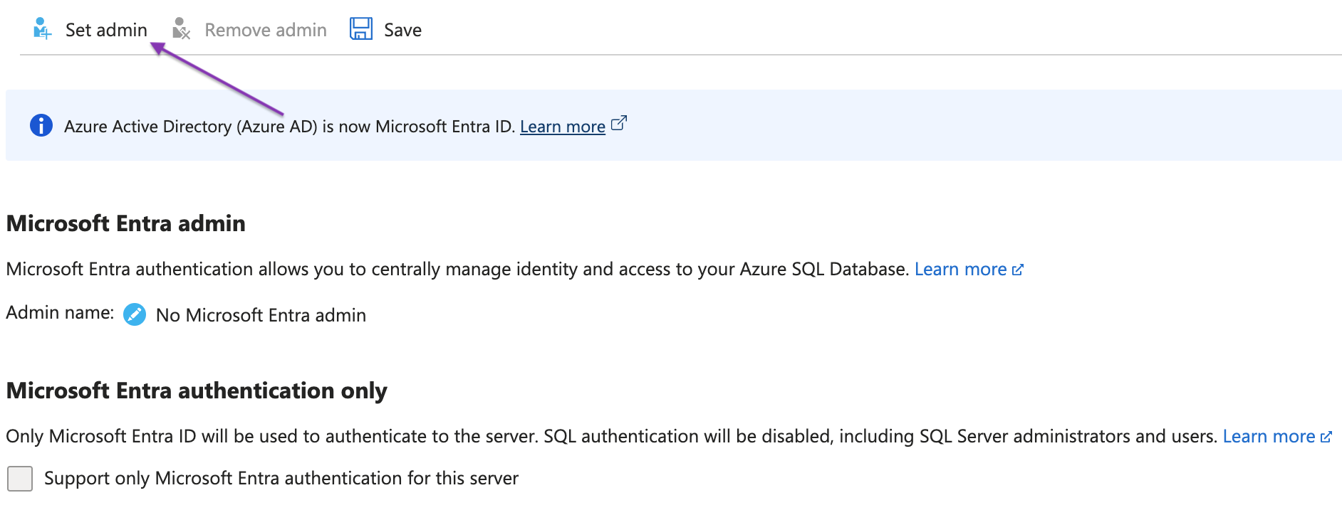Azure SQL Server Microsoft Entra 관리자 페이지