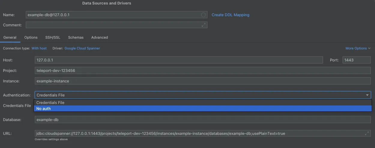 DataGrip Spanner 데이터 소스에 No Auth 선택