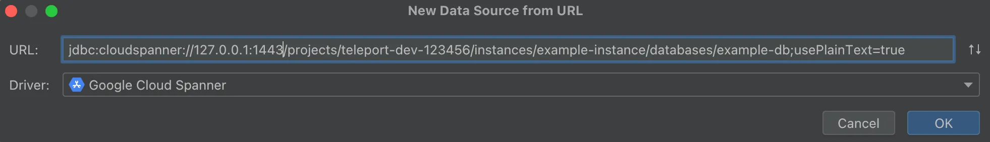 JDBC URL에서 DataGrip Spanner 데이터 소스 생성