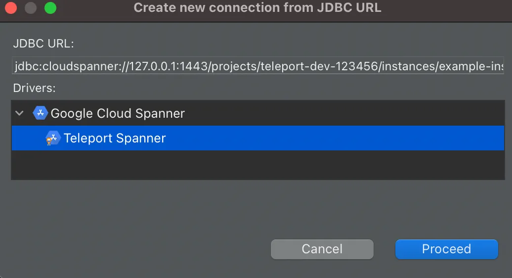 JDBC URL에서 DBeaver Spanner 연결 생성