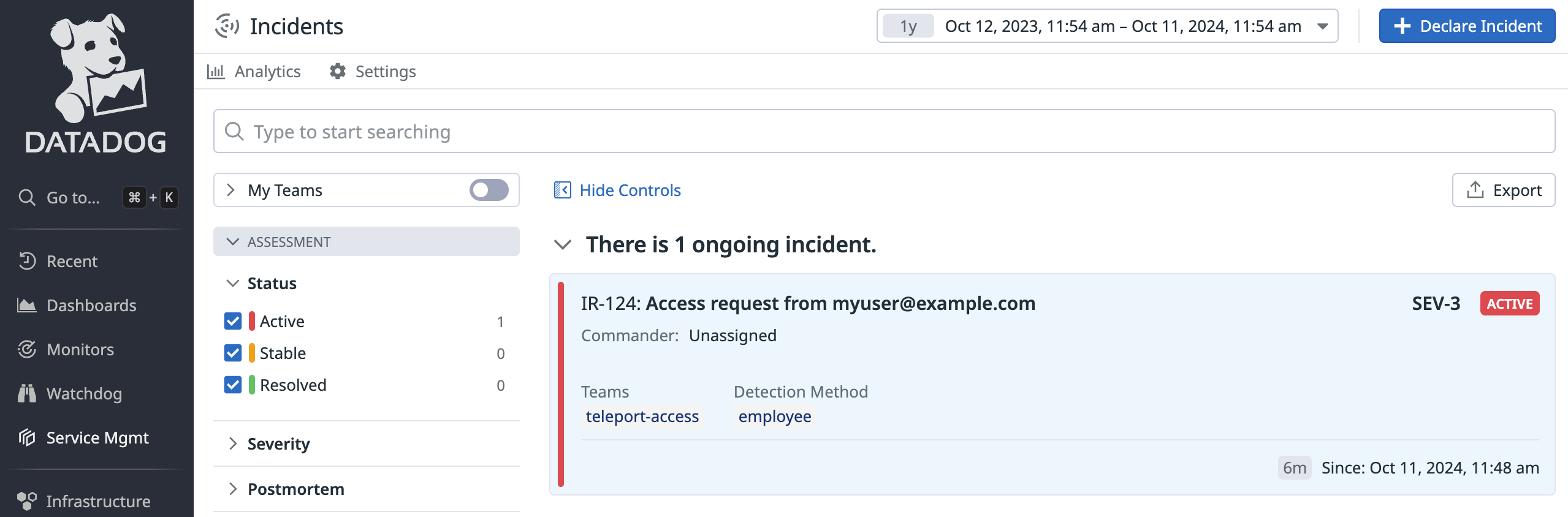Datadog dashboard showing an Access Request