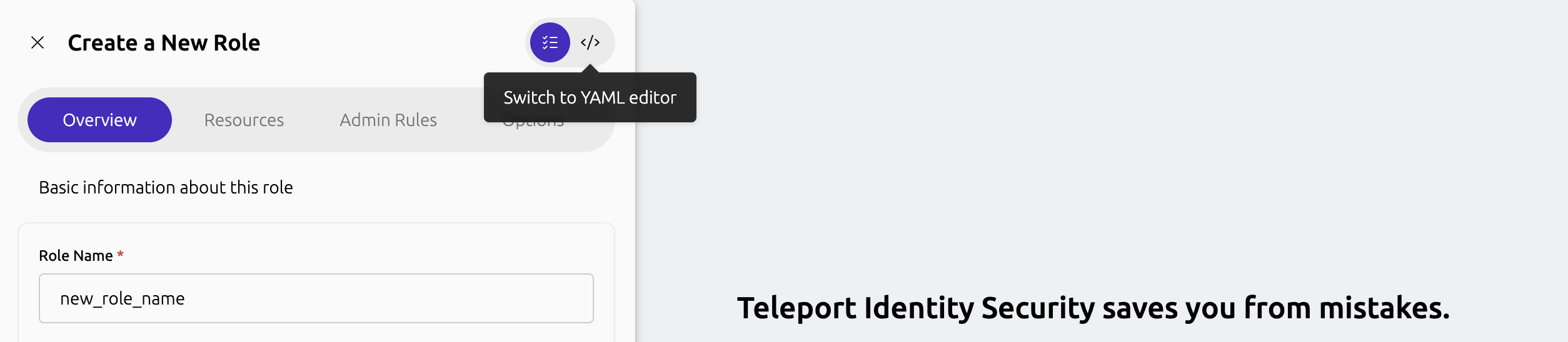 Teleport 역할 편집기 YAML 모드