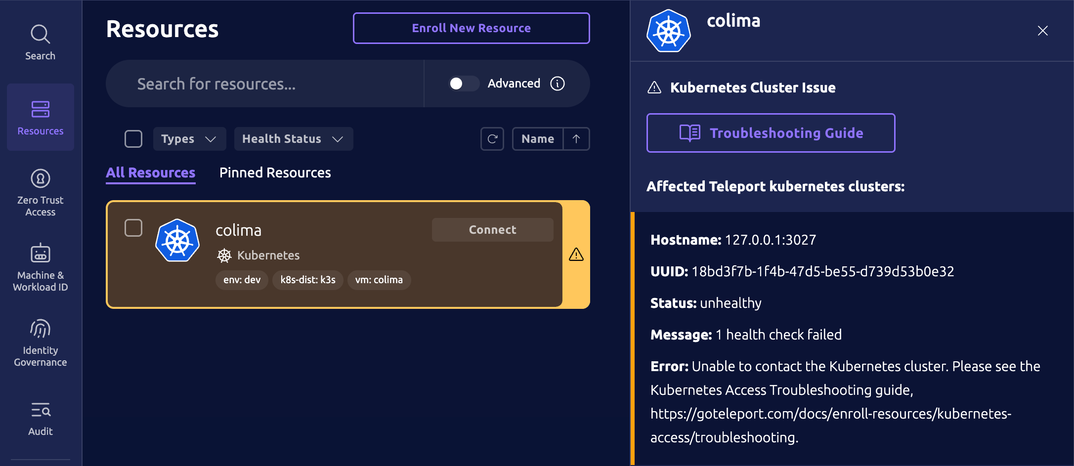 UI에서 Kubernetes 헬스 경고