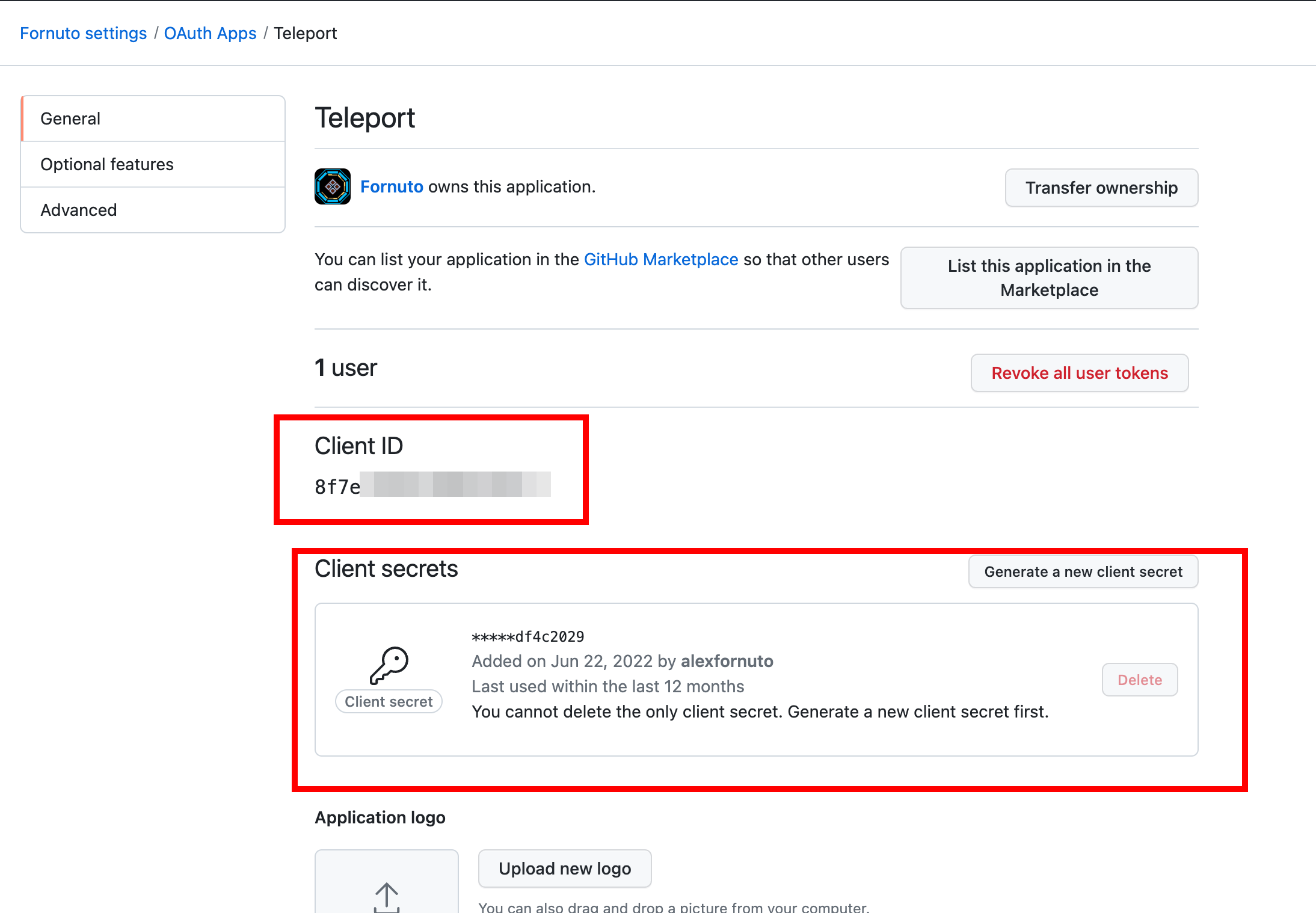 클라이언트 ID와 시크릿이 강조된 GitHub OAuth 앱