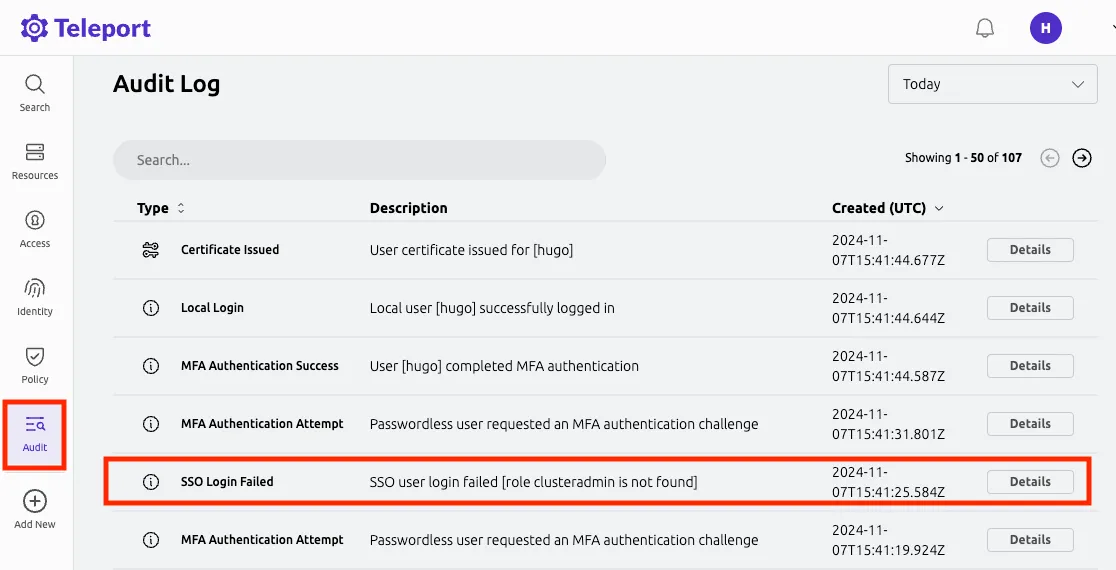 Audit Log Entry for SSO Login error